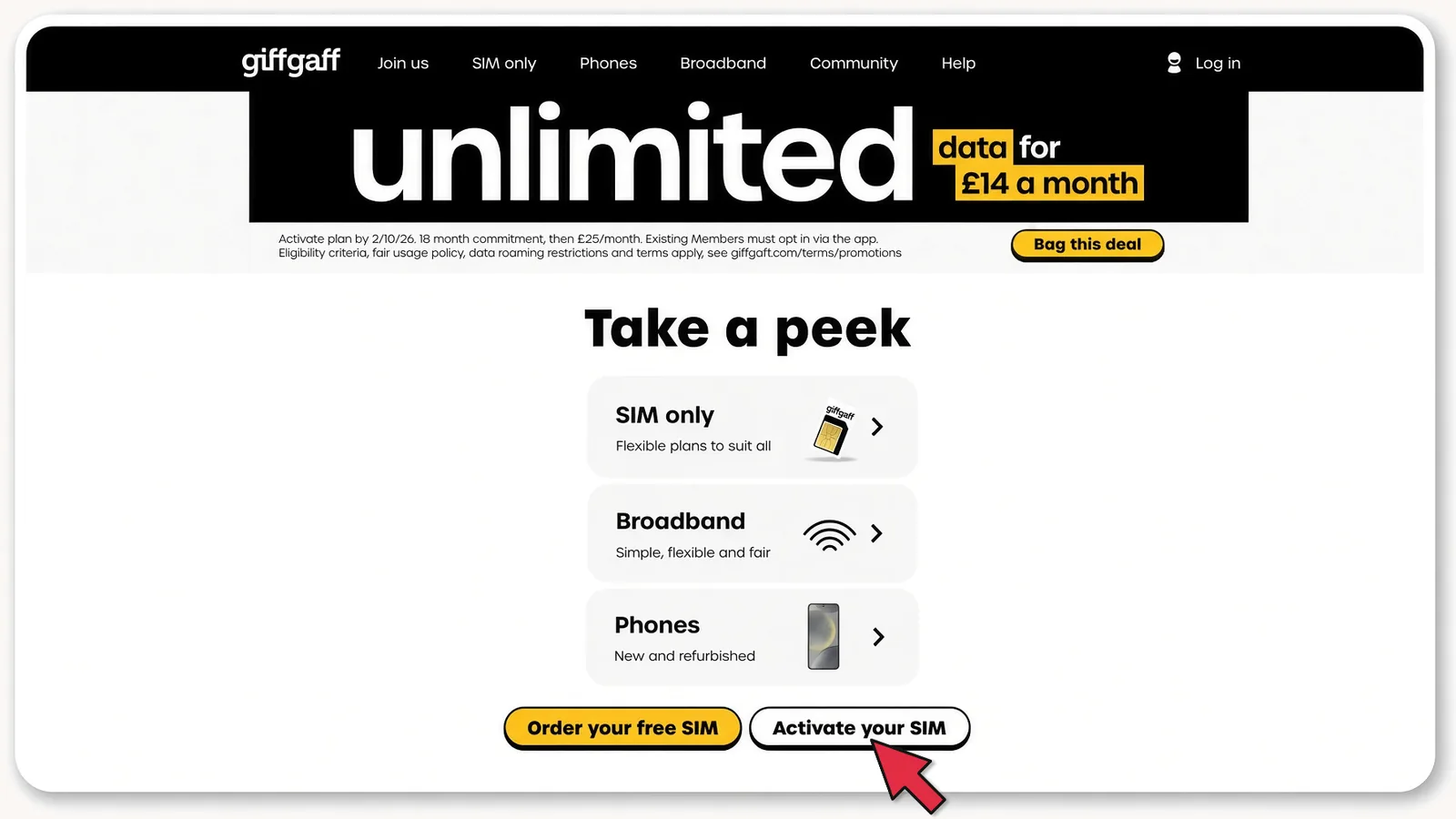 giffgaff.com: кнопка Activate your SIM