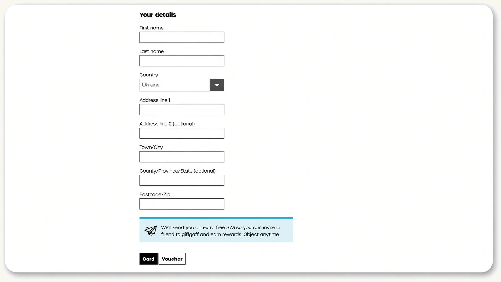 giffgaff: форма «Your details» та вибір Card або Voucher