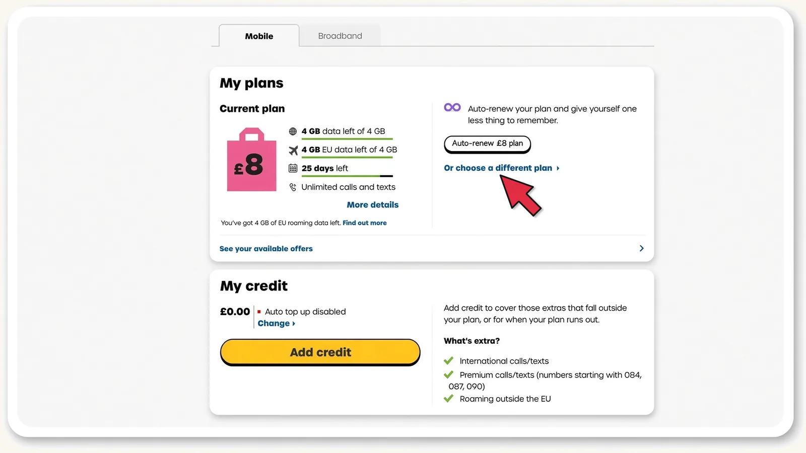 giffgaff: дешборд «My plans» з автопродовженням тарифу