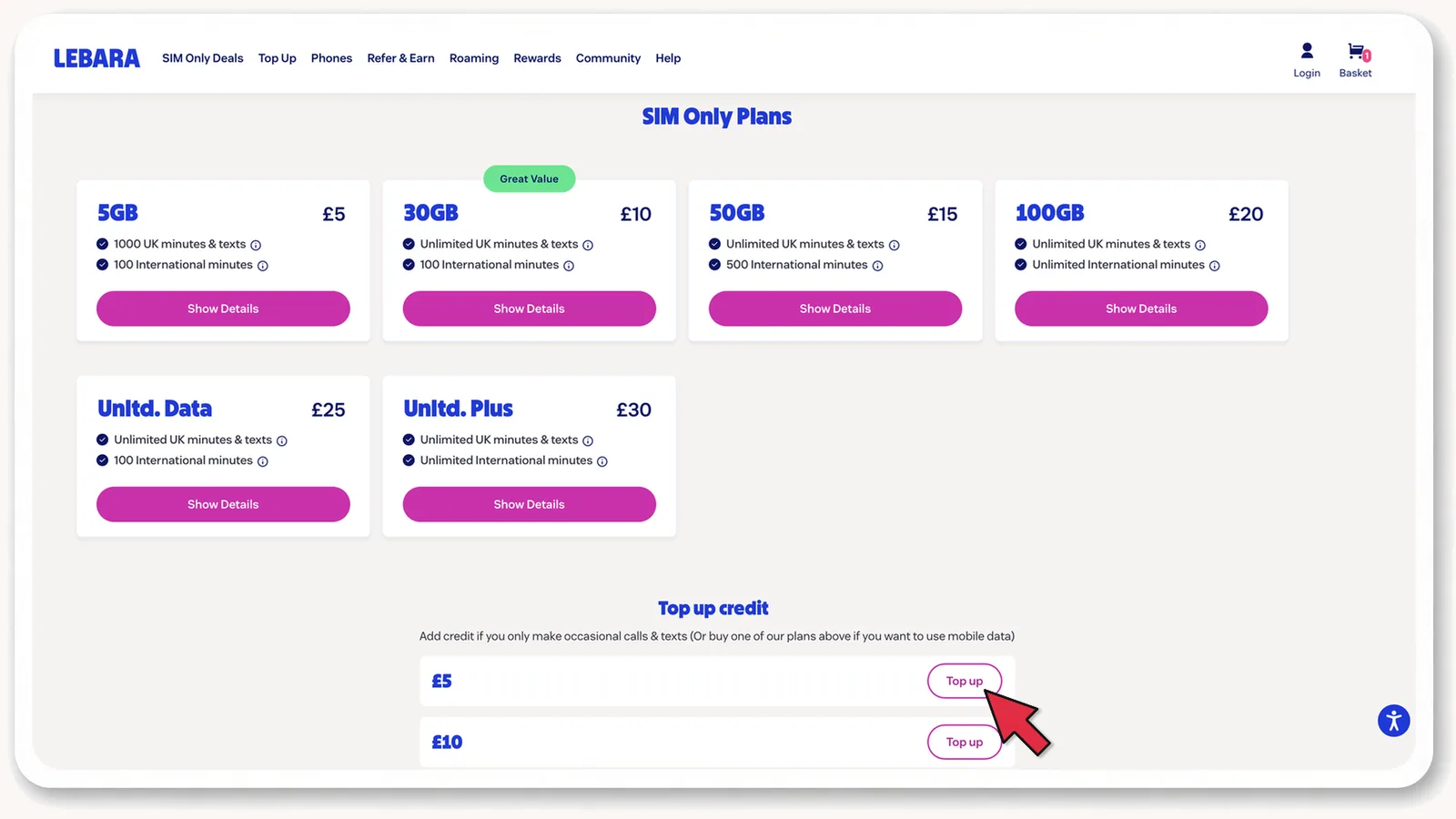 lebara.co.uk: Top up credit, сума £5