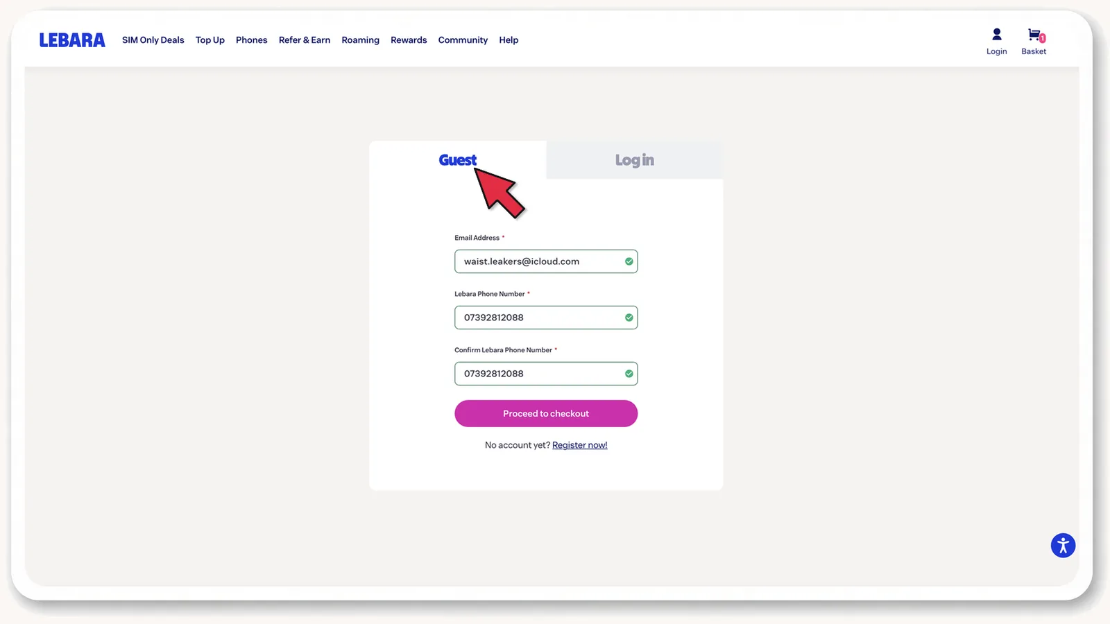 lebara.co.uk: вкладка Guest і форма з email та номером