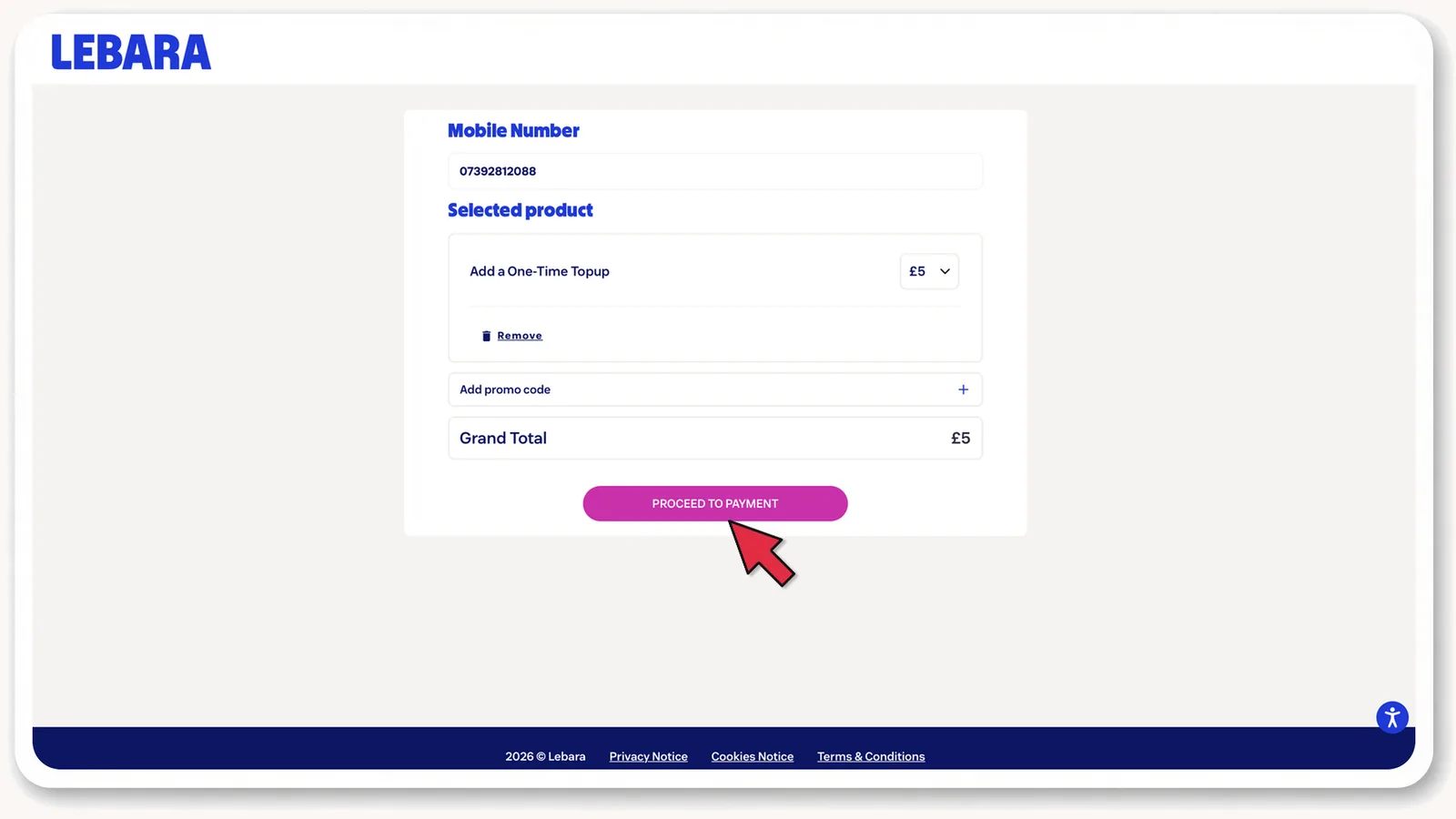 lebara.co.uk: номер, сума £5 і Proceed to checkout