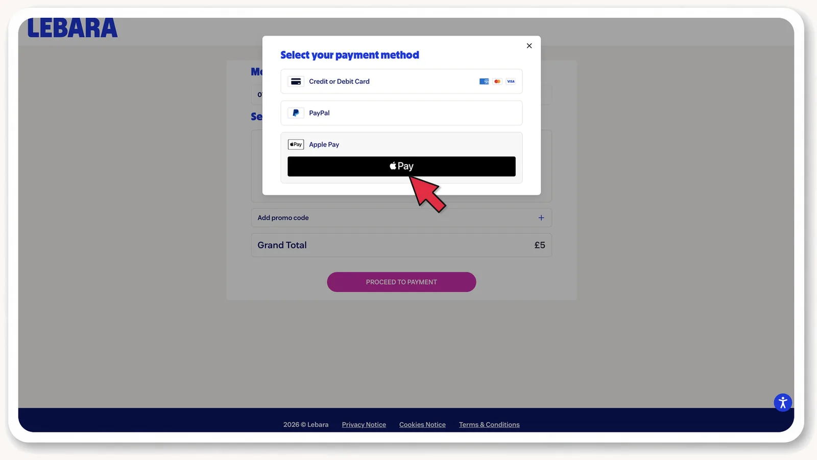 lebara.co.uk: вибір способу оплати, Apple Pay