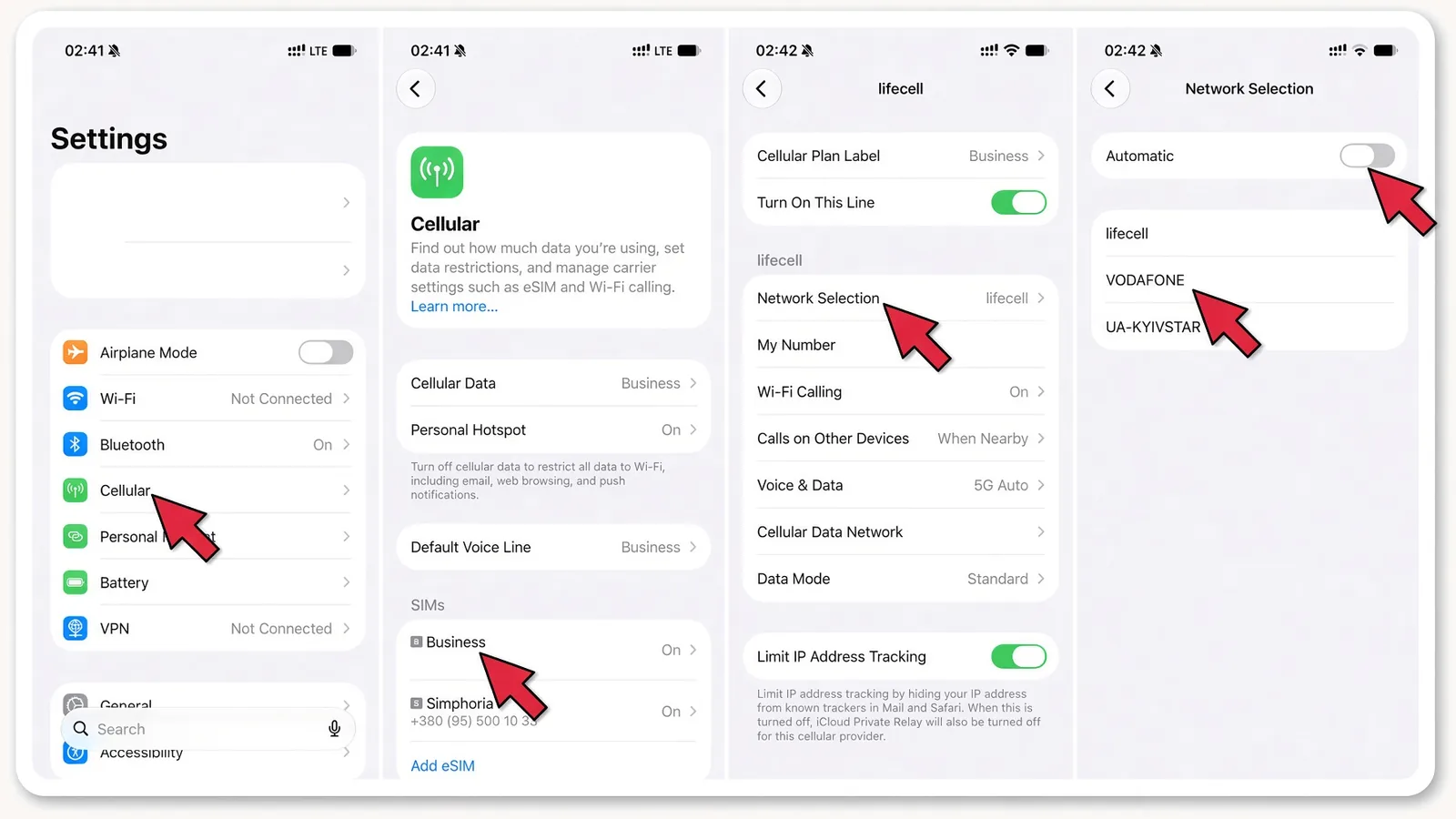 iPhone: Стільниковий зв’язок → Вибір мережі → оператор вручну