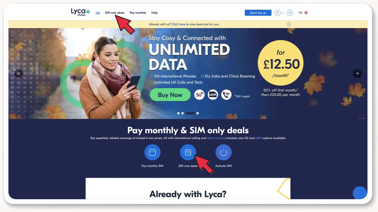 lycamobile.co.uk: кнопка SIM only deals