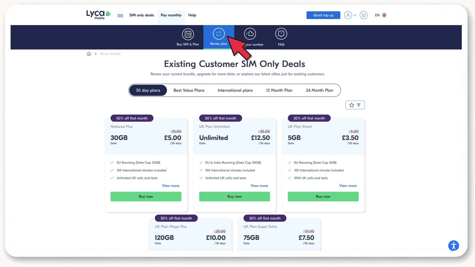 lycamobile.co.uk: Existing Customer SIM Only Deals, Renew plan