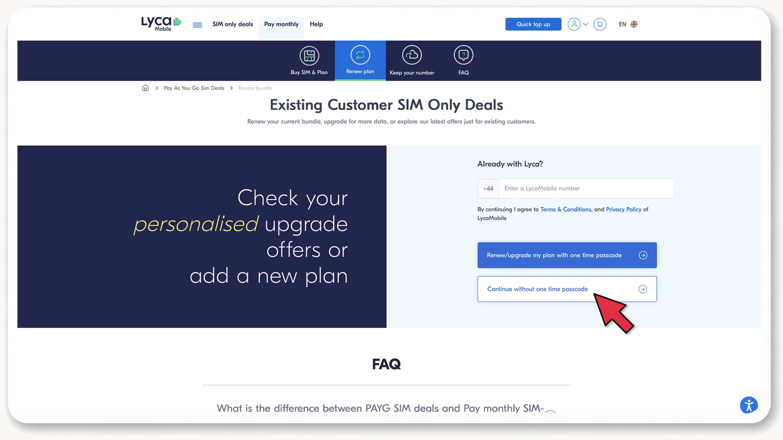 lycamobile.co.uk: Continue without one time passcode