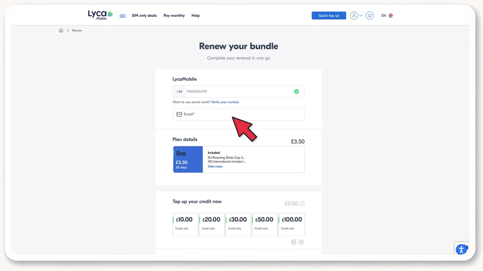 lycamobile.co.uk: Renew your bundle, номер та email