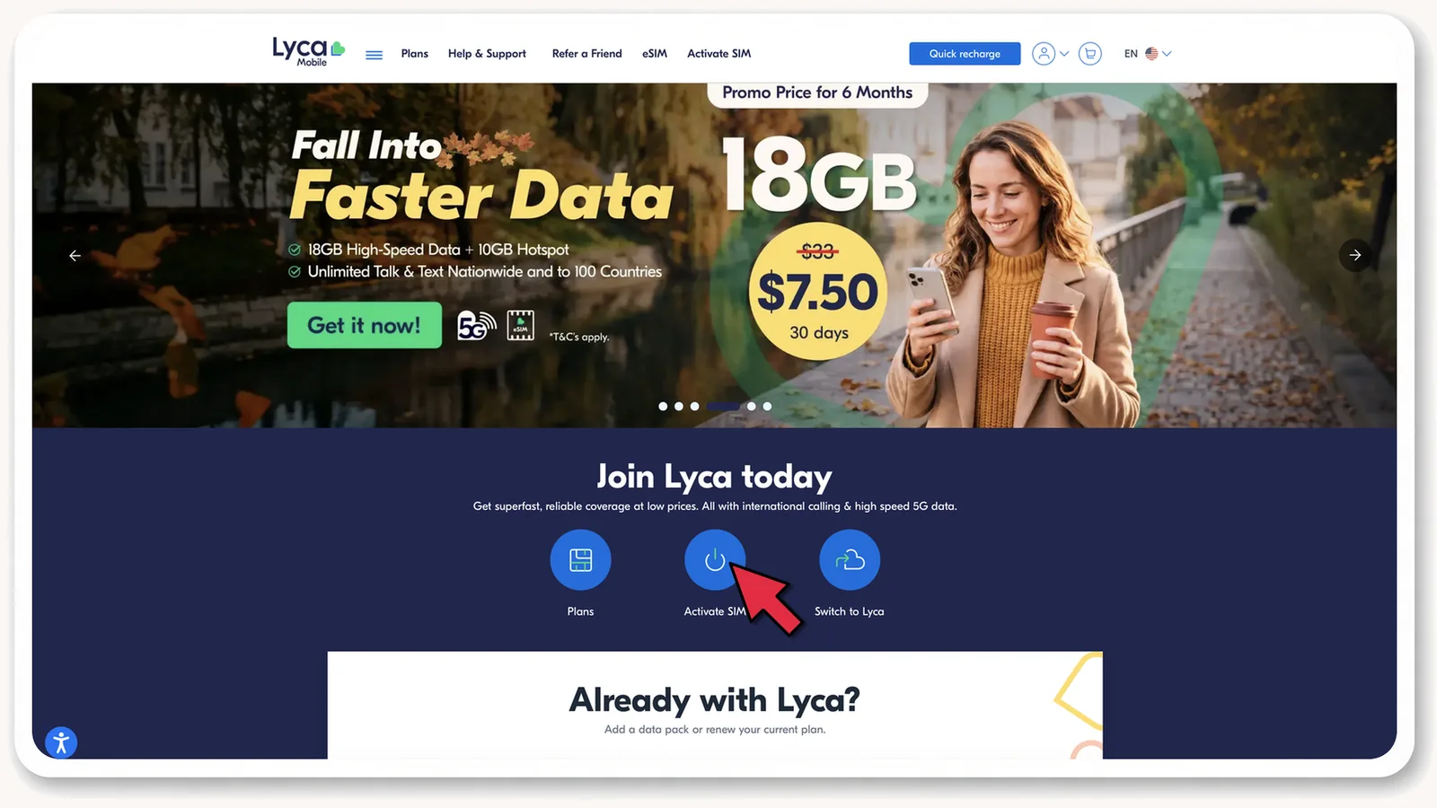 lycamobile.us: кнопка Activate SIM
