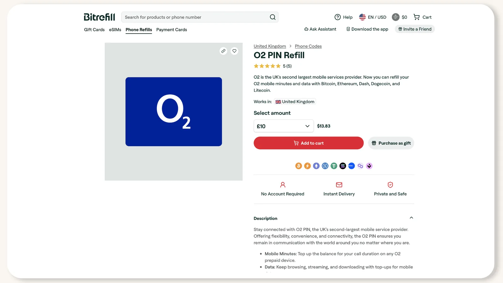 Bitrefill: сторінка O2 PIN Refill, номінал £10