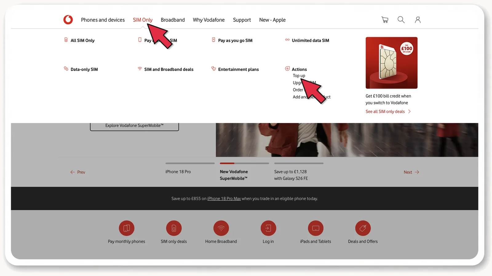 vodafone.co.uk: меню SIM Only → Top up