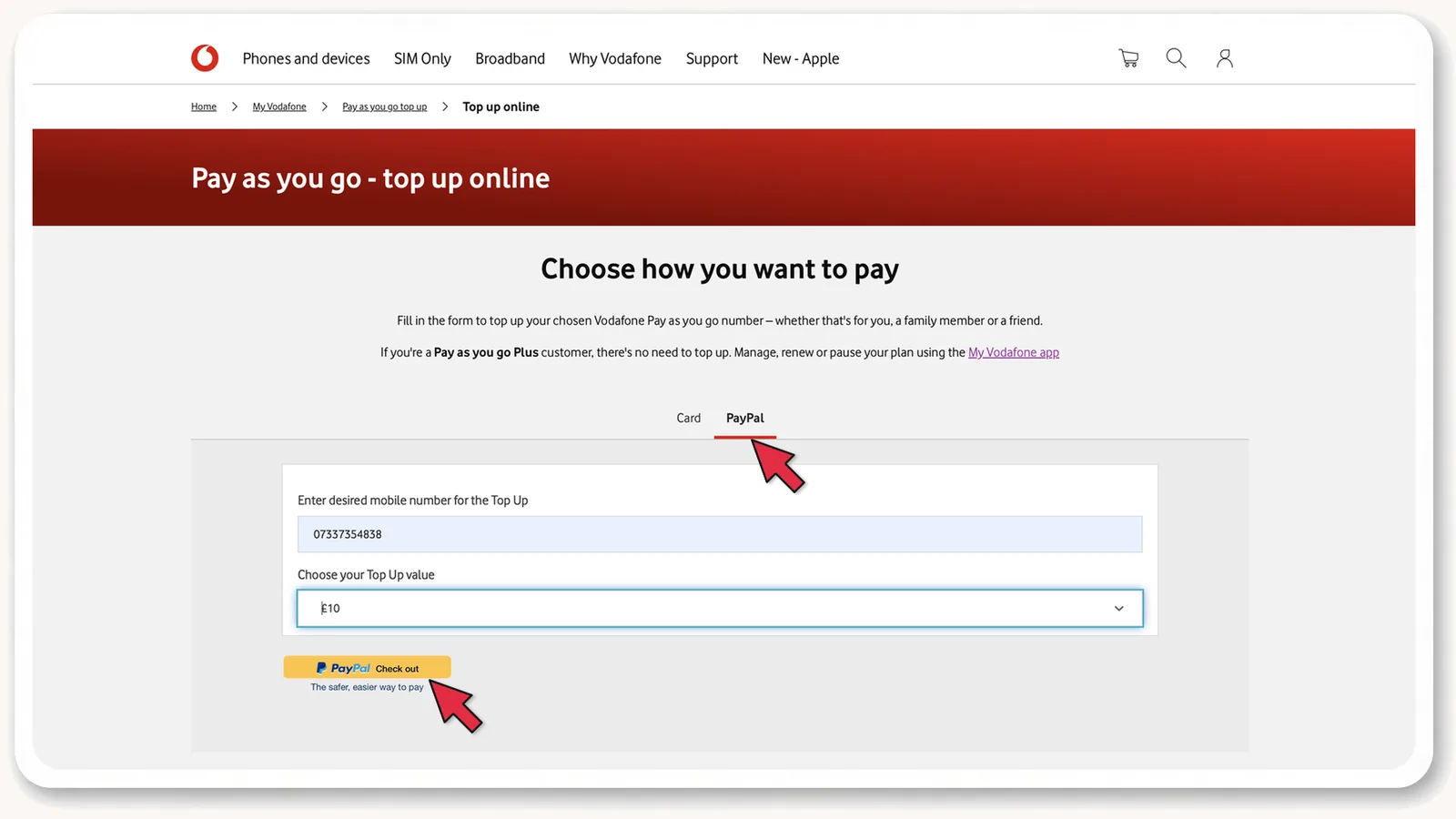 vodafone.co.uk: Pay as you go — top up online, оплата PayPal